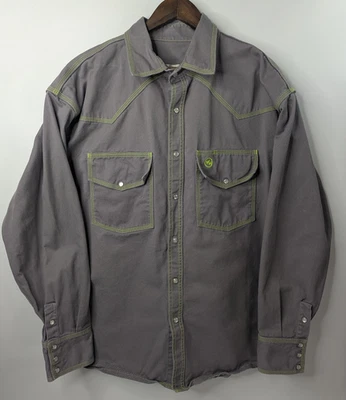 Western Welder Shirt Mens 2XL Gray Canvas Pearl Snap Triple Green Stitch Peru - Image 1 of 4