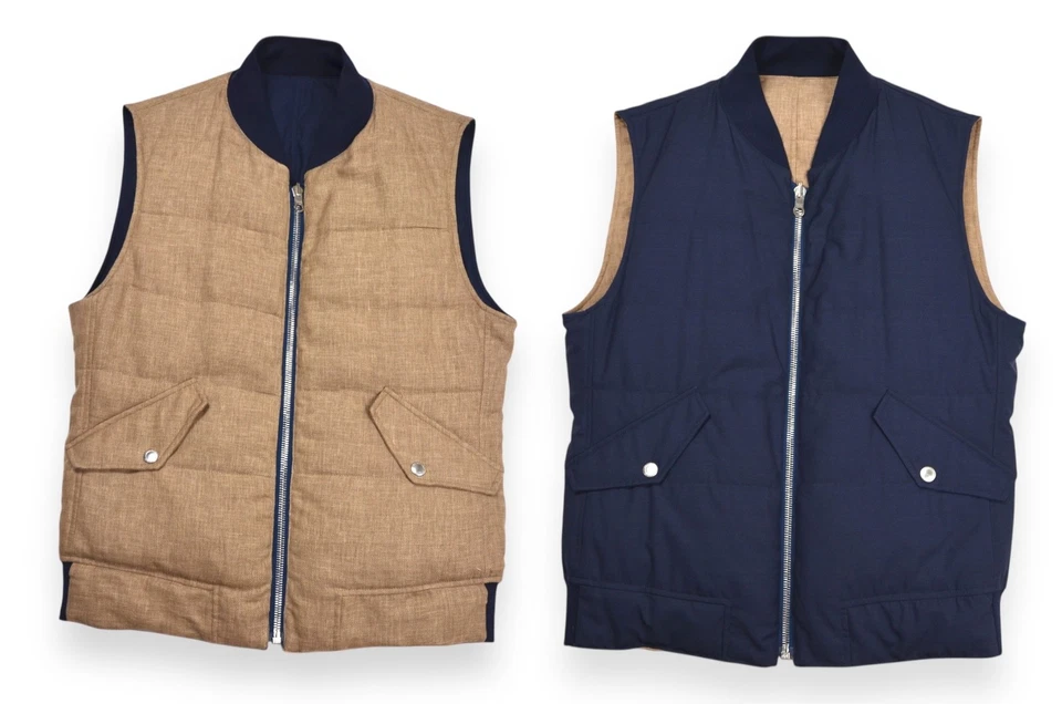 Men's Brunello Cucinelli Vest Luxury Gilet Reversible Tan Blue Italy Size M - Image 1 of 4