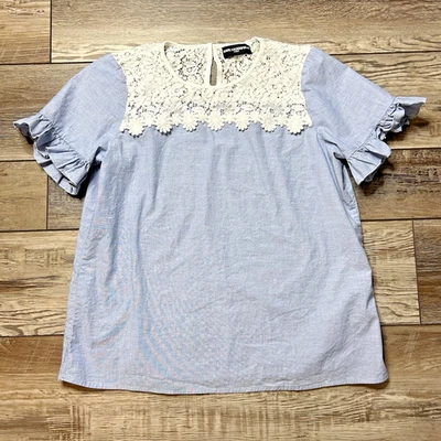Karl Lagerfeld Paris Womens Med Blue Blouse Shirt Top White Lace Collar Ruffles - Image 1 of 4