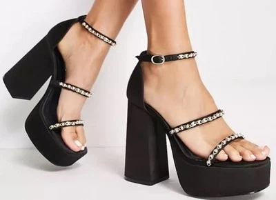 Sandalias de tacón London Rebel Mega plataforma adornadas en negro talla Uk 7 Foto 1 de 4