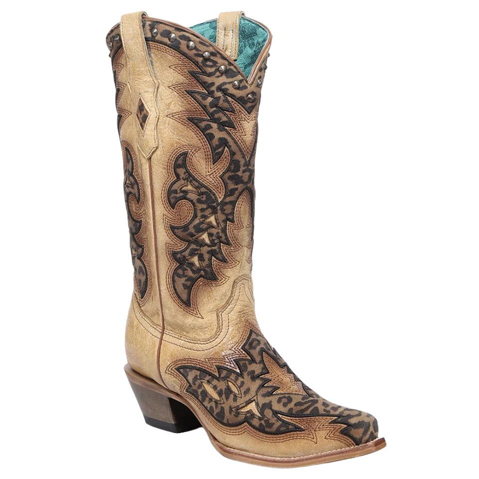 Botas occidentales Corral de cuero con tachuelas marrón paja y leopardo para dama Z5422 Foto 1 de 1