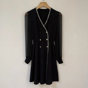 Goelia Double-Breasted Mini Dress Black Size M Tulle Sheer Sleeves V-Neck New - Picture 1 of 12