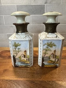 Pair Hand Painted Old Paris Porcelain Perfume Bottles Boats Buildings - Picture 1 of 23