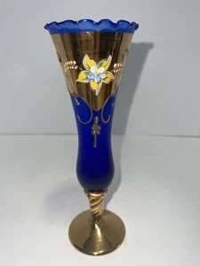 Vintage MCM Bohemian Moser Stil Kobaltblau Vergoldet Emailliert Kunstglas 8" Knospe Vase - Bild 1 von 11