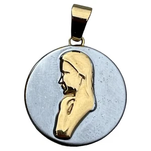 Gold Silver Tone Stainless Steel Virgin Mary Medal 1.25” w/Bail - Picture 1 of 2
