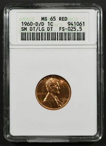 1960- D/D Lincoln Cent ANACS MS65 RED SM DT/LG DT FS-025.5 Soapbox Holder MS65RD - Picture 1 of 4