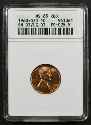 1960- D/D Lincoln Cent ANACS MS65 RED SM DT/LG DT FS-025.5 Soapbox Holder MS65RD - Image 1 of 4