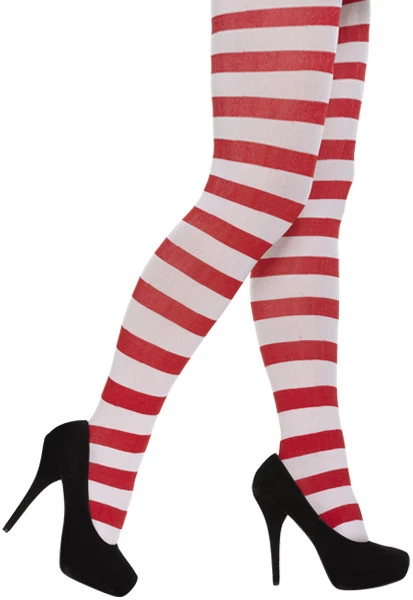 LADIES GIRLS RED WHITE STRIPED TIGHTS CHRISTMAS FANCY DRESS ACCESSORY - Image 1 of 1