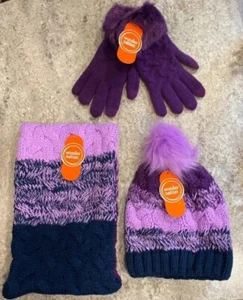 Wonder Nation Girls Faux Fur Lined Gloves, Hat and Snood PURPLE Super Warm - Picture 1 of 7