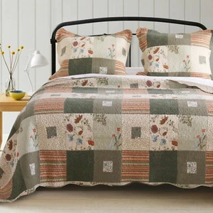 LOG CABIN RUSTIC COZY FLORAL VINTAGE SOUTHWEST GREY GREEN TAN BROWN QUILT SET - Picture 1 of 2