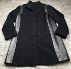 Eileen Fisher Womens Wool Silk Blend Coat Sz L Black Leather Trim Pockets Euc