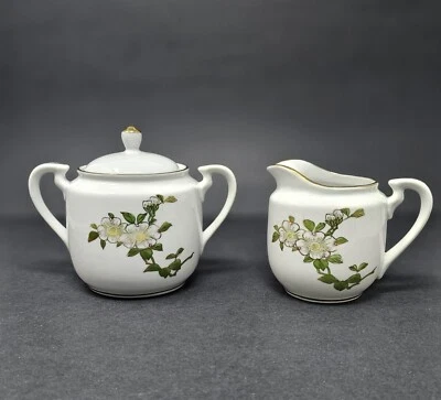 Crema de porcelana pintada a mano japonesa vintage y azucarero con tapa diseño floral Foto 1 de 4
