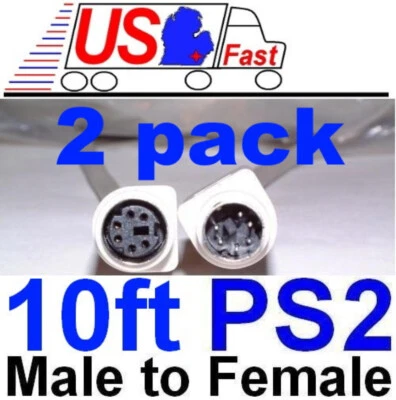 Lot2x 10ft PS2 6pin DIN Male~Female Extension Cable/Cord/Wire Mouse/Keyboard/KVM - Image 1 of 2