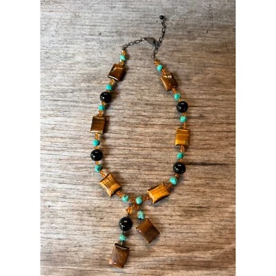 Tiger's Eye Turquoise & Black Onyx Beaded Necklace Sterling Silver Clasp - Image 1 of 4