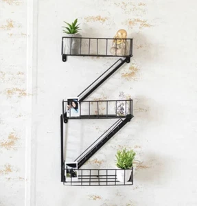 Black Steel Fire Escape Wall Shelving Unit Bathroom Shelves Home Storage Rack - Picture 1 of 24