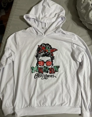 Feliz Navidad Pullover Blanco Capucha Cuadros Desordenado Bollo Mujer Niños Talla 13-14 M Foto 1 de 4