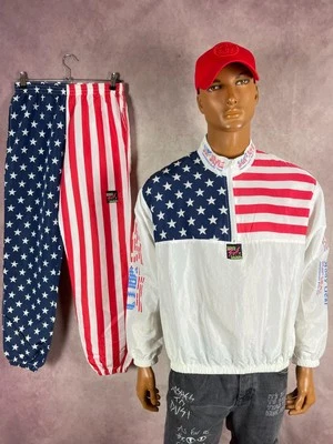 VTG 90s Surf Style USA Flag Print 1/4 Zip Pullover Windbreaker Jacket Pants OSFA - Image 1 of 4