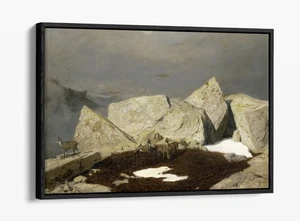 HIGH MOUNTAINS W/ CHAMOIS, ARNOLD BOCKLIN- FLOAT EFFECT FRAMED CANVAS ART PRINT - Picture 1 of 12
