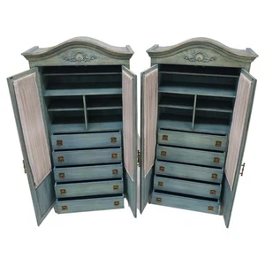 Pair Tall Country French White Wash Armoires Fitted 5 Drawers Storage Shelves - Picture 1 of 18