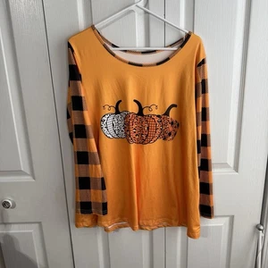 Camiseta Multicolor Calabazas Naranja Negro Cuadros Manga Larga Mujer’s Talla L Halloween - Imagen 1 de 5