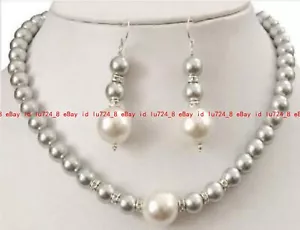 beautiful 8-12mm White & Gray Shell Pearl Round Beads Necklace Earrings Set 18" - Picture 1 of 12