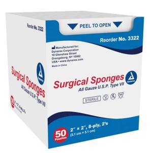 Dynarex Gauze Sterile Surgical Sponges, 2" x 2", 8-Ply, 2's - Box of 100 - Picture 1 of 2