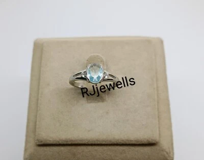 Aquamarine Solid Ring 925 Silver Bezel Set Lab Create Aquamarine Ring For Womens - Image 1 of 4