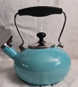 CHANTAL Whistling Tea KETTLE 2 Quart Turquoise Aqua Black On Silver  - Picture 1 of 11