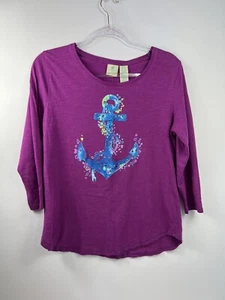 CARIBBEAN JOE Island Supply Top Women's Size S Wine Purple Sequins 3/4 Sleeve - Picture 1 of 8