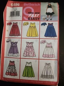 Butterick Pattern 6486 Nine Sew Fast & Easy Dresses Hat Sizes 1 2 3 Uncut - Picture 1 of 2