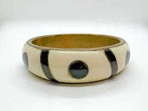VINTAGE Brass Bone Black Inlay Bangle Bracelet 1970s Era - Picture 1 of 7