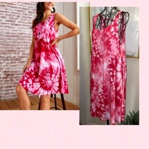 SUZANNE BETRO PINK & WHITE TIE DYE SUNDRESS~EMPIRE WAIST~LARGE - Picture 1 of 6