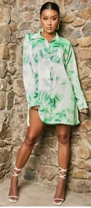 Pretty Litte Thing Shirt Dress Women's Sz 8 Oversized Boyfriend Green Tie Dye - Imagen 1 de 12