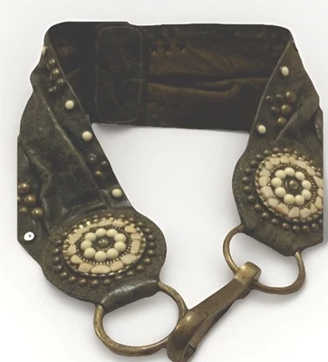 Statement Belt Leather Art to Wear Brass Buckle Rodeo Womens Small 30 31 Boho - Image 1 of 4