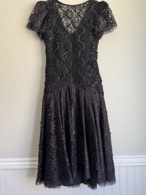 VTG HW Collections Dress Lace Black Tea Length Sequins Fairygoth Y2K 90s Fairy - Image 1 of 4