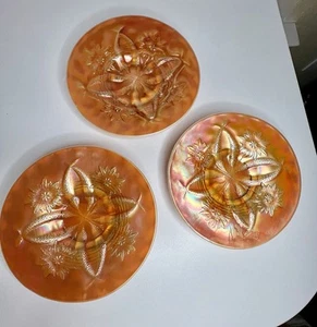 Set of 3 Antique Peach Opalescent Carnival Glass Plate DUGAN Four Flowers 6 3/8" - Picture 1 of 8