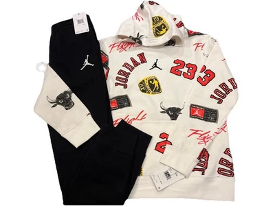 NUEVO CON ETIQUETAS NIKE AIR JORDAN NIÑO CONJUNTO DE 2 PIEZAS SUDADERA CON CAPUCHA BLANCA Y PANTALONES DE CHÁNDAL NEGROS M XL Foto 1 de 2