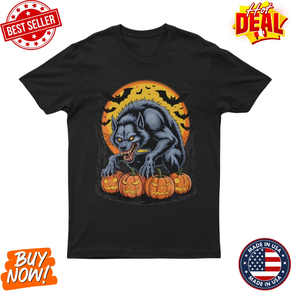 Scary Werewolf Halloween Moon Pumpkin Spooky Bats Horror T-Shirt Size S-5XL - Image 1 of 4