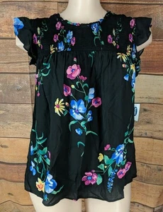 Old Navy Floral Tunic Top~XL~Black Ruffle Cap Sleeve - Picture 1 of 8