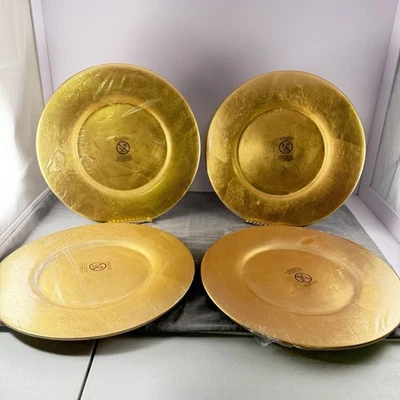 Pier 1 Importado 13" Folha de Ouro Cerâmica Carregador Placas Conjunto de 4 NOVO Estilo Vintage - Imagem 1 de 4