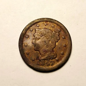 RARE 1847 LARGE CENT BRAIDED HAIR NICE EYE APPEAL AND DETAILS !!! - Picture 1 of 2