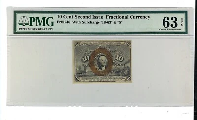 1863 10c Fractional  Currency 2nd Issue w/ Surcharge Fr 1246 - PMG 63 EPQ - Image 1 of 2