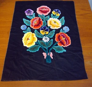 Vintage Chenille Black Vibrant Colors Bright Floral Picture 30" x 24" GORGEOUS!! - Picture 1 of 6