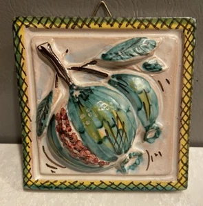 terra cotta art tile Italy pomegranate 4” Square Handmade Majolica Green - Picture 1 of 7