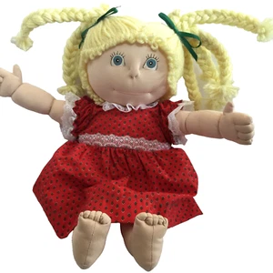 SOFT SCULPTURE DOLL 18" BLONDE YARN BRAID BLUE EYES GIRL HANDCRAFTED VTG 80s - Bild 1 von 24