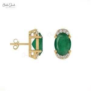 Half Halo Oval Stud 1.5 TCW Emerald & Dainty Diamond Earrings in 14k Solid Gold - Picture 1 of 22