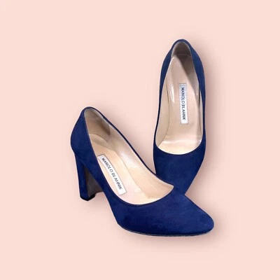 MANOLO BLAHNIK Tucciototo 粗跟蓝色麂皮绒设计师浅口鞋高跟鞋 35.5 — 第 1/4 张图片