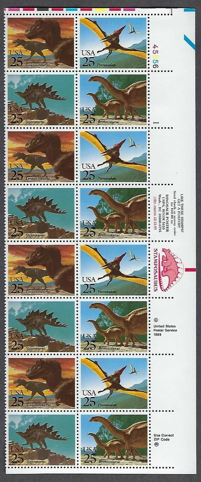 2422-25 MNH Plate Block of 16, 25-cent stamps-Prehistoric Animals-Pl #45556-1 UR - Image 1 of 1