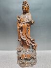 Chinese Antique Boxwood Carved Lotus Kwan Yin Statue Home Decor Sculpture Art