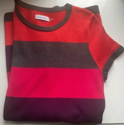 Calvin Klein colorful Stripe pink grey red purple Knit Sweater Dress large EUC - Image 1 of 4